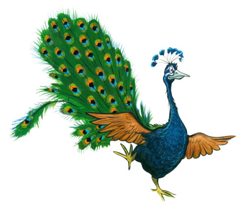 Three Hens and a Peacock