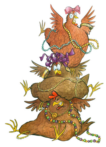 Three Hens and a Peacock