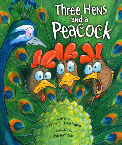 Three Hens and a Peacock