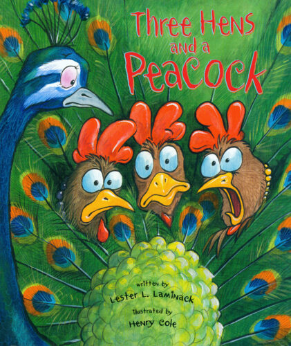Three Hens and a Peacock
