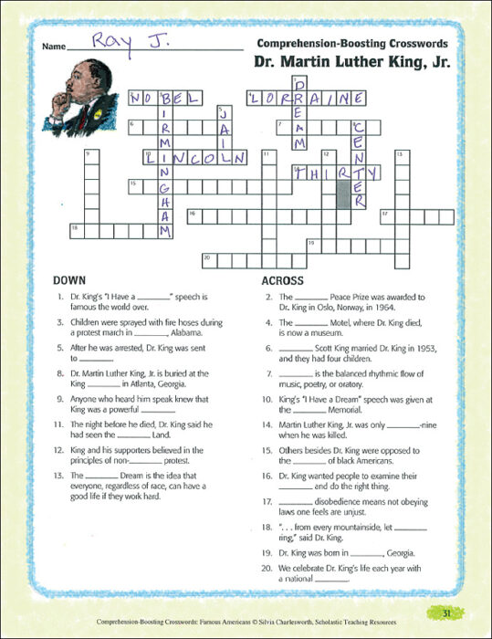 Dr. Martin Luther King, Jr.: Nonfiction Passage & Crossword ...