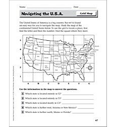 United States Grid Map Navigating The U.s.a. (Grid Map): Instant Math Practice Page For Grades 2-3