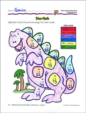 dino math subtracting 1 digit from 2 digit numbers